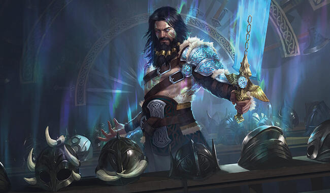 Halvar, god of Battle from the drama Battle for Kaldheim, a Voice For All MTG podcast series